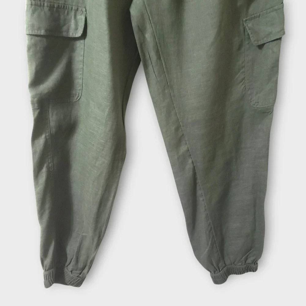 Nicole Miller New York 100% Linen‎ Cargo Joggers Green Large Drawstring Pants